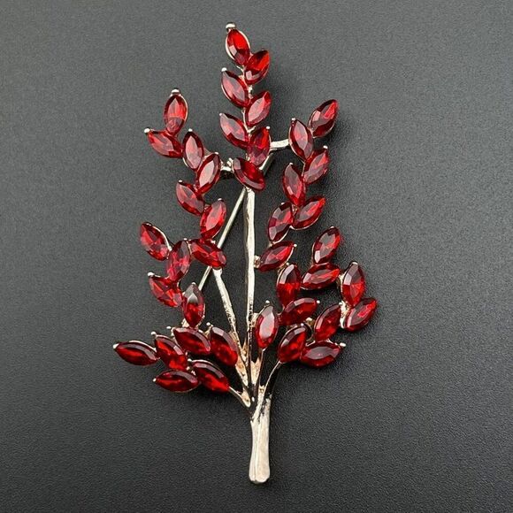 Rose Gold with Ruby Red Crystal Tree Branch with Leaves Pin Back Brooch - Picture 1 of 9